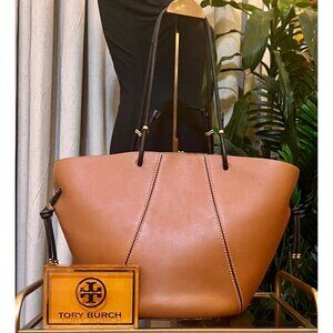 Tory Burch Leather Brown Shoulder Tote Bag with Spaghetti Straps